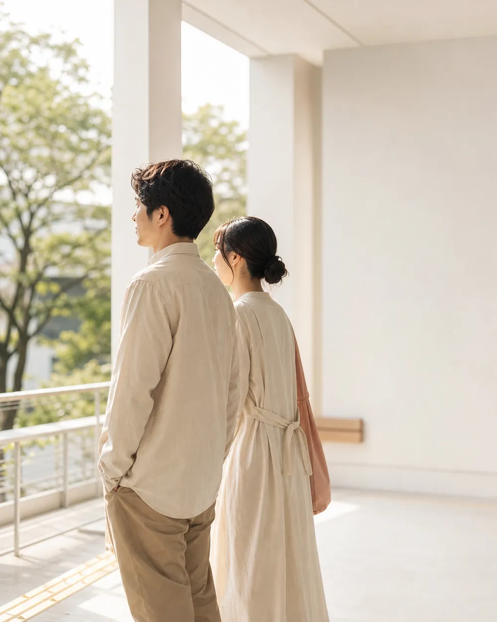 窓辺で同じ方向を見つめるふたり